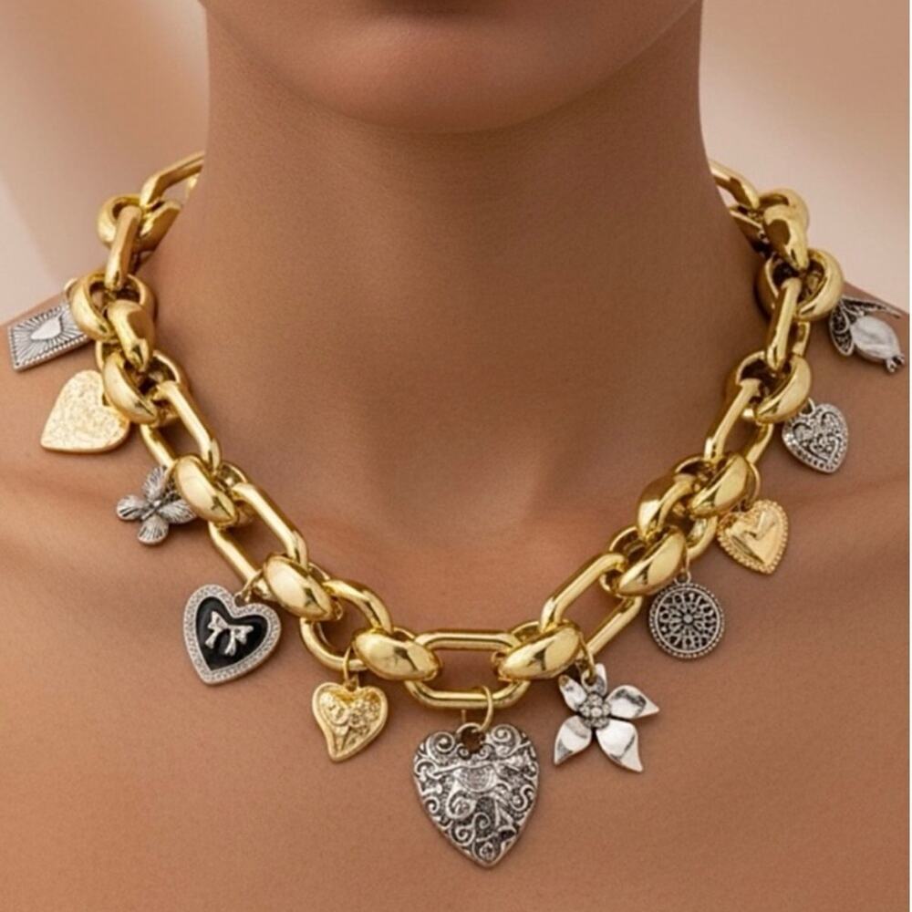 Gold Charm Necklace Stainless Steel Chunky Chain Heart Pendant Layered